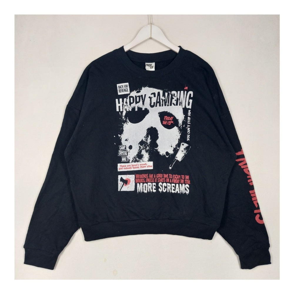 Friday the 13th Jason Mask Happy Camping Graphic Crewneck Sweatshirt Black XL
